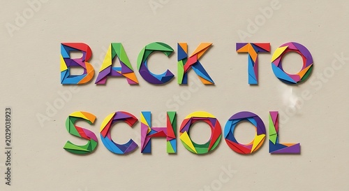 Back to school typography with colorful geometric letters, creative educational text on beige background, vibrant school season banner