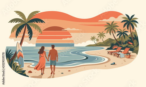 Retro Tropical Romantic Beach Sunset with Couple Walking Along Coastal Paradise Vector Illustration