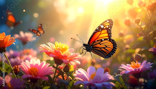 A vibrant garden scene, bathed in sunlight, features colorful blossoms and butterflies fluttering about. The focus is on a monarch