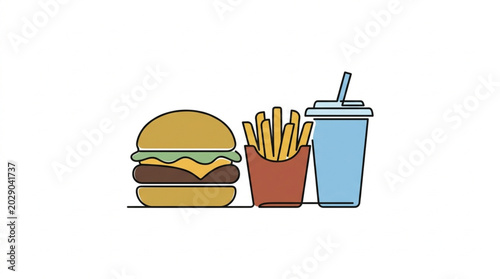 A delicious hamburger with french fries and a soda drink.