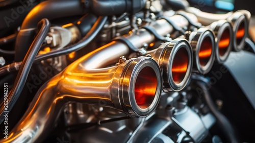 manifold. Extreme close-up of vintage racing engine manifold with glowing exhaust pipes. product launch decks, UI/UX mockups, designed for product launches and innovation pitches.