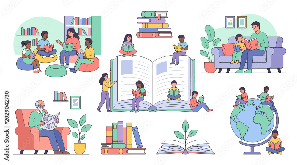 Naklejka premium Community Education and Learning Lifestyle Illustration Set