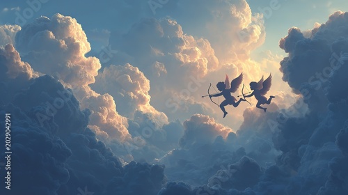 Cloudy sky background with cupid silhouettes flying and shooting arrows