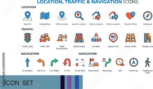 Fotografie Print Location Traffic and Navigation Icons Pack - Modern Map Pins Road Directio