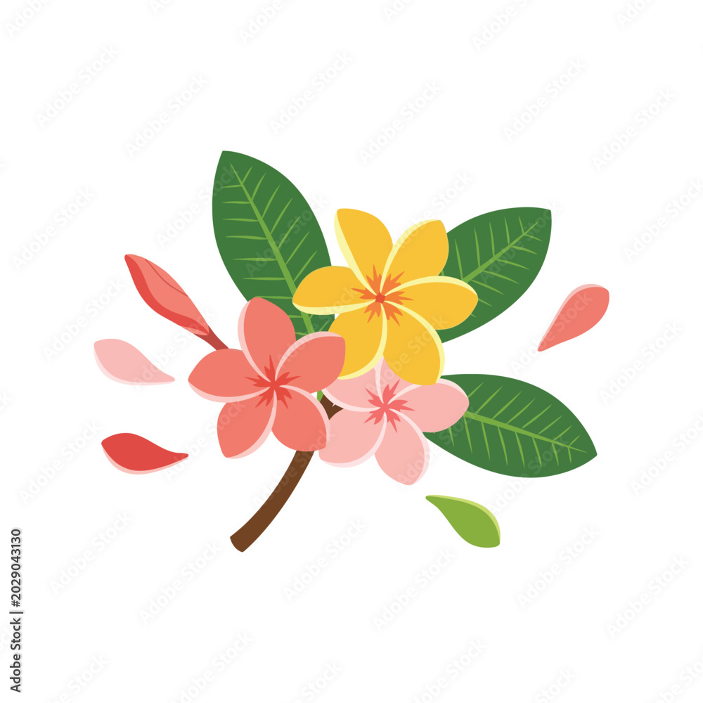 Naklejka premium Tropical flower bouquet vector clipart with colorful plumeria and green leaves isolated