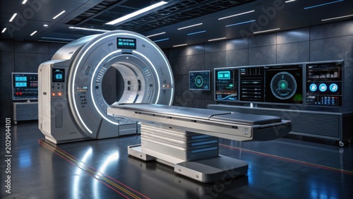Futuristic medical scanner in high tech diagnostics room with advanced displays and sleek design