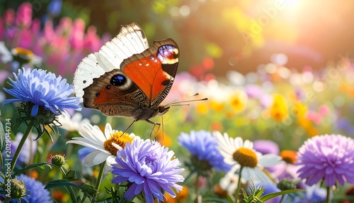 A vibrant garden scene features a colorful butterfly perched atop a bloom surrounded by a rainbow of wildflowers, kissed by warm sunlight