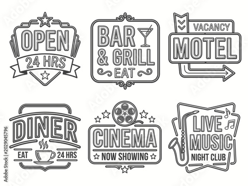 Set of vintage neon signs for diner, bar, motel, cinema and night club
