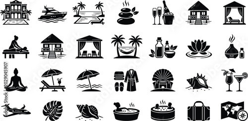 Luxury tropical resort spa and wellness black silhouette icon set featuring hotel travel beach massage and leisure elements vector