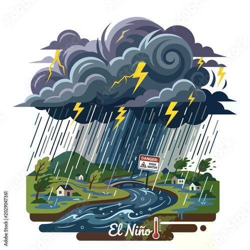 El Niño storm with heavy rain, lightning, and flooding