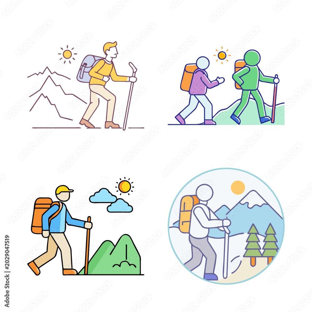 Fototapeta premium Diverse people hiking and camping outdoor activities - Colorful vector icons showing groups of people enjoying hiking, climbing, and camping in nature with happy expressions.