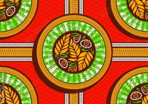 Seamless African Ankara Pattern with Abstract Circles and Leaf Shapes, Colorful Tribal Textile Print Inspired by Modern African Fashion and Contemporary Cultural Fabric Design