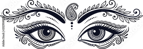 Traditional Indian Durga Puja goddess eyes vector illustration with bindi paisley pattern and ornate henna eyebrows for festive religious banner design