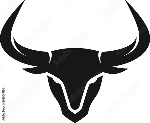 Minimalist bull head silhouette logo with large curved horns, powerful geometric design symbolizing strength, resilience, and determination