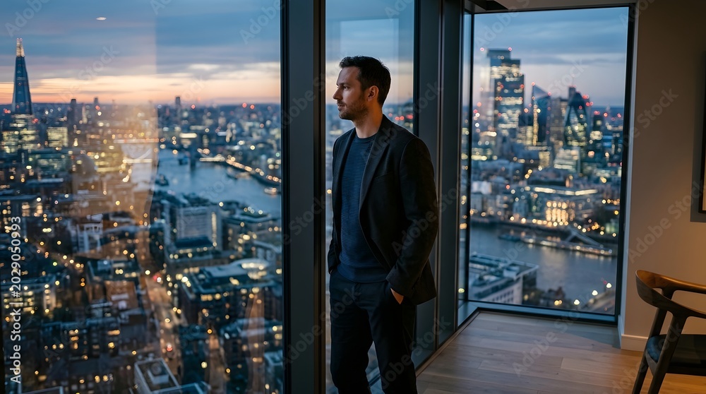Fototapeta premium Man Contemplating Cityscape from High-Rise Apartment at Dusk.