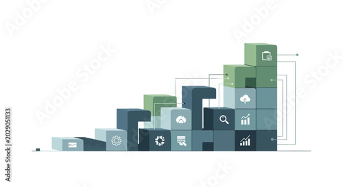 Infographic elements, business icons, data visualization blocks, blue green color scheme