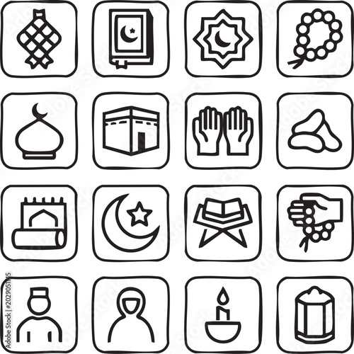 Islamic and Ramadan Doodle Icon Set, Line Art Vector Elements