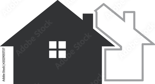 Modern minimalist house icon design, dark grey solid home shape with light grey outline house, property real estate logo