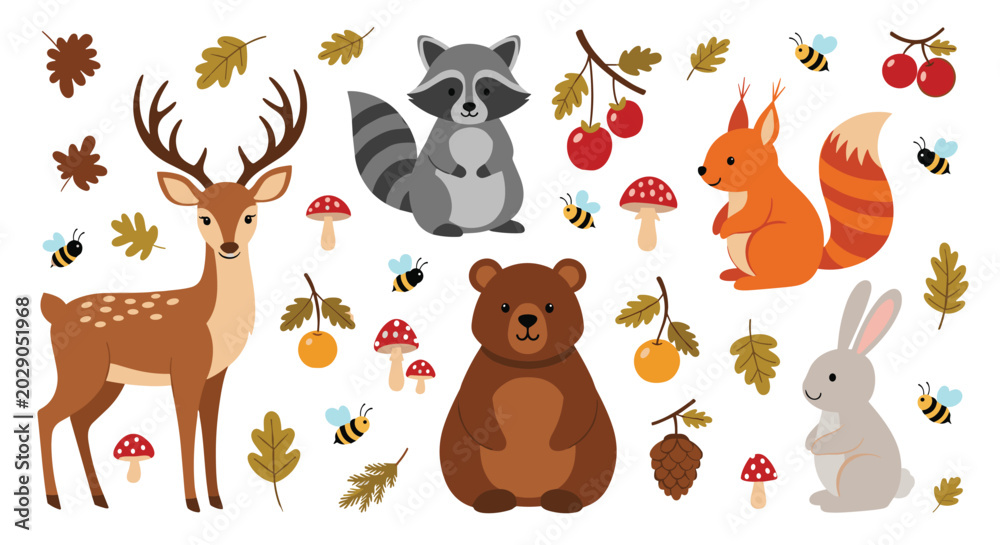 Fototapeta premium Collection of adorable forest animals including a deer bear raccoon and squirrel surrounded by autumn leaves and berries.