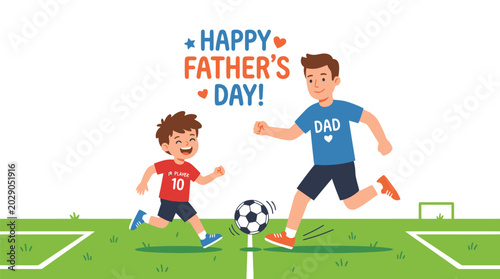 Father and Son Playing Football Soccer on Green Sports Field