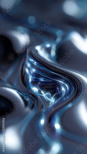 Abstract liquid chrome flowing in organic curves, iridescent oil-slick surface, glowing bioluminescent veins of light pulsating within the metal