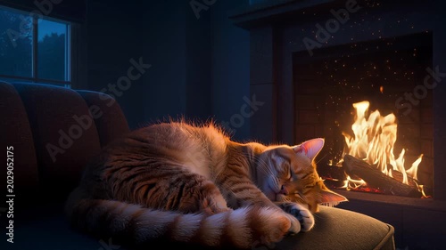 Ginger Cat Sleeping Peacefully on a Sofa by a Cozy Fireplace. Seamless looping 4k video background