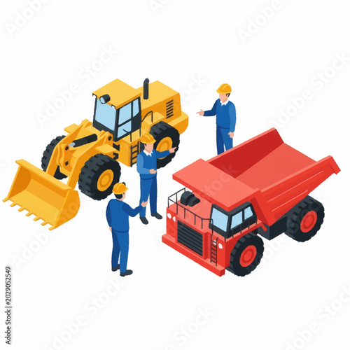 Construction workers operating heavy machinery on a white background.