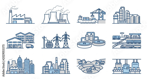 Collection of Industrial Factory and Power Plant Illustrations.