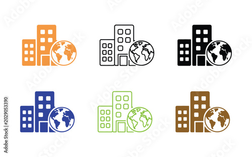 Billede på lærred Global business corporation icon set, vector collection featuring international