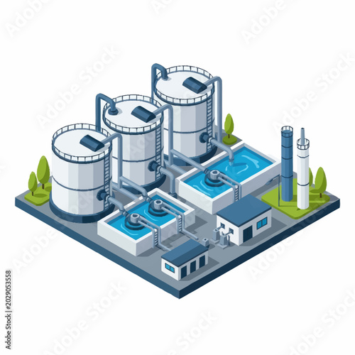 Industrial water treatment plant with large storage tanks.