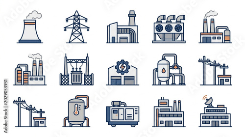 Collection of Industrial Factory and Power Plant Icons.