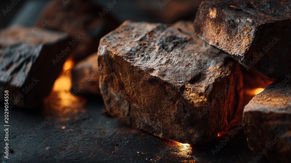Fototapeta premium Close-Up View of Rustic, Textured Rocks Illuminated by Soft Warm Light on a Dark Surface Evoking a Cozy, Natural Atmosphere for Artistic Photography