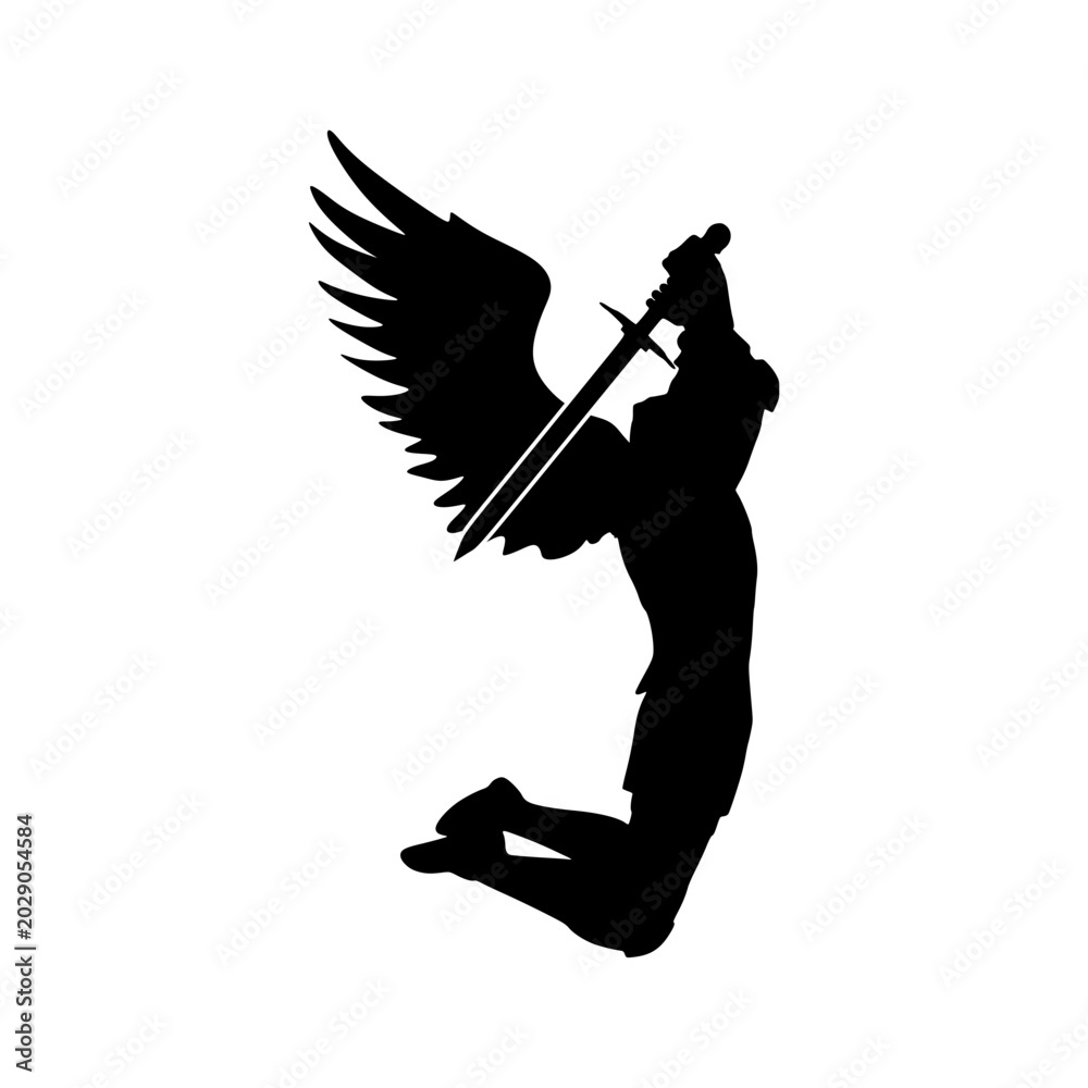 Obraz premium Fantasy man angel warrior with wings. Warlike character. A fantasy character is a knight of light.