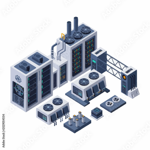 Modern industrial server room equipment and cooling systems isometric illustration.