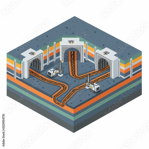 Underground Mining Tunnels with Machinery and Ore Transport System.