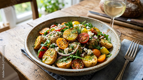 Roasted potato salad with tomatoes and herbs on transparent background high quality