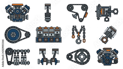 Fotografie Collection of automotive engine parts and mechanical components.