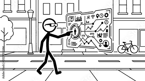 Person using augmented reality smart glasses while walking outdoors