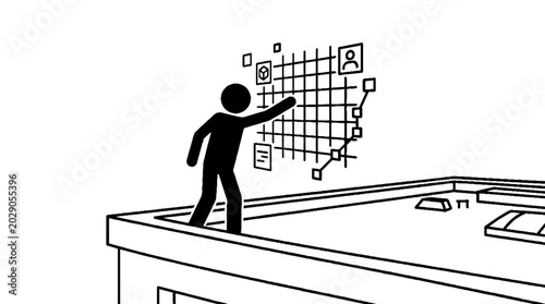 Business person interacting with a data grid on a city rooftop