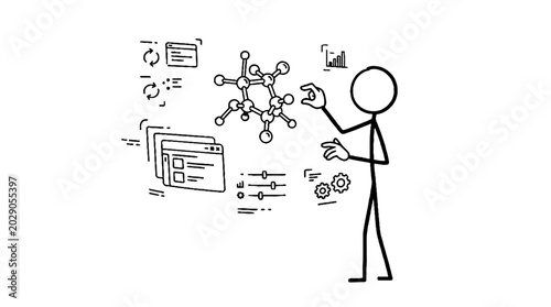 Scientist manipulating a digital molecular model in virtual space