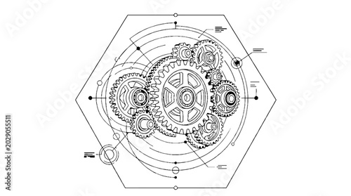 Technical mechanical schematic within a hexagonal frame