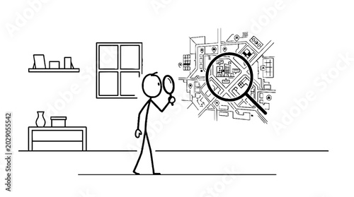 Person using a magnifying glass to inspect a complex map layout