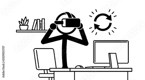 Stick figure wearing vr headset for office system update