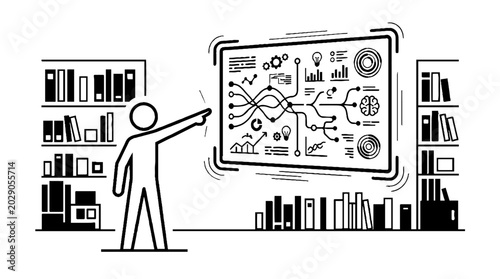 Person interacting with digital data dashboard in library