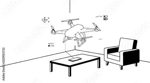 Holographic drone projection over coffee table in living room