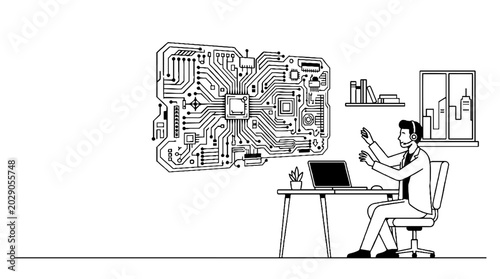 Engineer analyzing large circuit board schematic in office