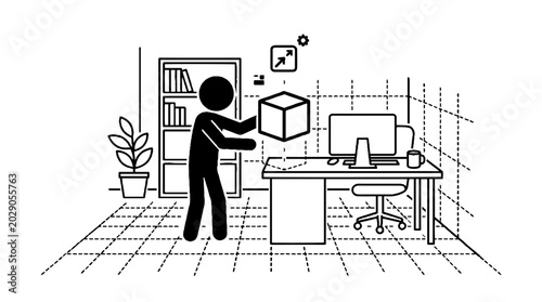 Designer interacting with a 3d hologram in a spatial office