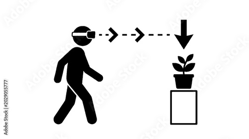 Individual using virtual reality headset to examine plant