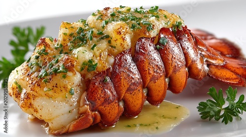 Succulent lobster tail cooked with golden garlic butter sauce, isolated on clean white background. 