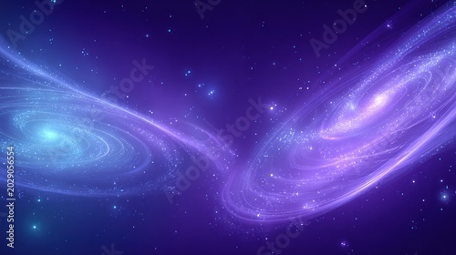 Two luminous spiral structures drift across a deep space nebula filled with bright points of light
